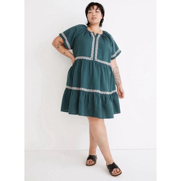 MADEWELL Embroidered Linen-Blend Flutter-Sleeve Tiered Dress Sz XXS green - Picture 1 of 6